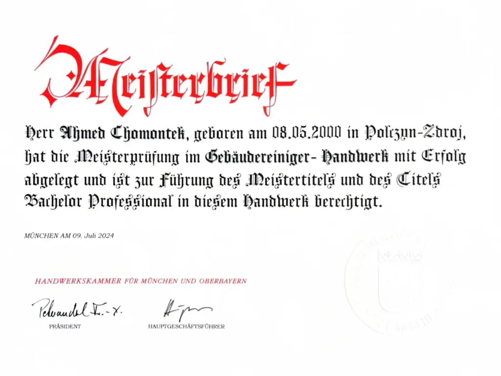 Viva-Deluxe GmbH Gebäudereinigung München - Meisterbrief